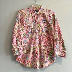 Chaps Classic Button Up Shirt Paisley Boho Cotton Colorful Office Pockets M